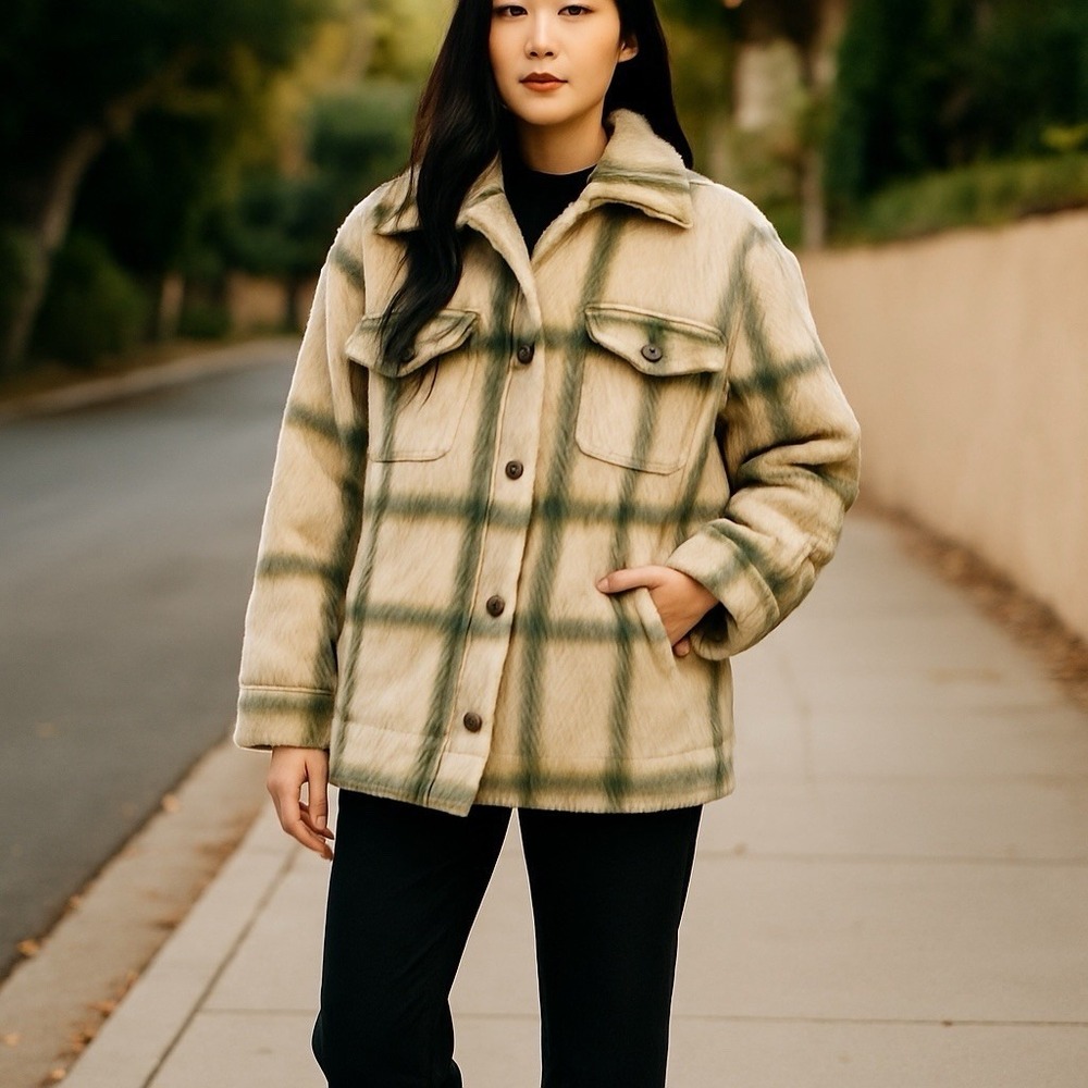 American Eagle Womens Plaid Faux Fur Oversized Shirt Jacket M Shacket Tan Hairy